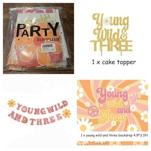 Young Wild & Three 3 Birthday Party Supplies Celebration Decor Cake Topper Signs